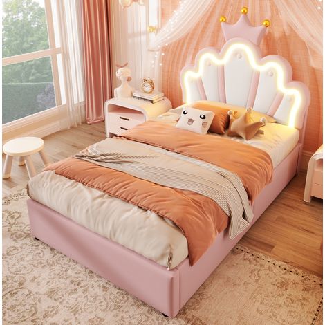 Polsterbett 90/200 cm rosa aus PU mit LED-Lichtband und Stauraum (1/5)