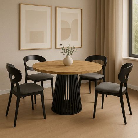 Ruston Round Extendable Table with Slats 100cm to 200cm - Gold Craft Oak / Black (1/5)