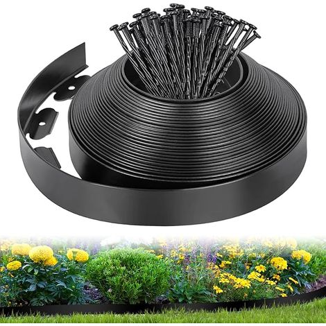 Bordure de Pelouse Flexible 10M x 5cm, Clôture de Jardin en Plastique avec Piquets, Bordure de Délimitation pour Pelouse, Parterre, Allée de Patio, Noir (1/5)