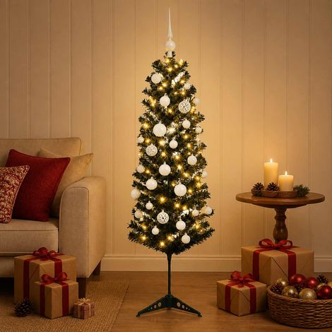 vidaXL Artificial Slim Christmas Tree with Bauble 150 cm 150 LEDs (1/5)