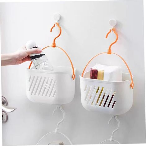 Organizer da appendere per la doccia, 2 cestini in plastica da appendere con gancio, piccolo cestino portaoggetti, contenitore per bagno e cucina (bianco) (1/5)
