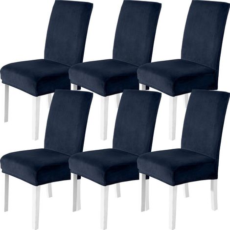 Stuhlhussen Samt 6er Set Dunkelblau, Stretch Stuhlbezüge für Hochlehner und Schwingstühle (1/5)