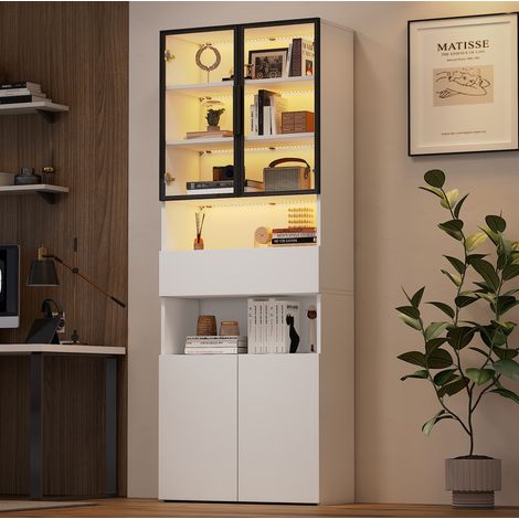 Vitrina 70 x 30 x 200 cm con puertas de vidrio, cajón y LED, blanca HAVRYA (1/5)