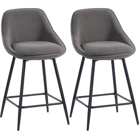 Lot de 2 tabourets de bar en velours côtelé gris - Structure acier, assise rembourrée - Pour îlot et salle à manger 52x49x88cm (1/5)