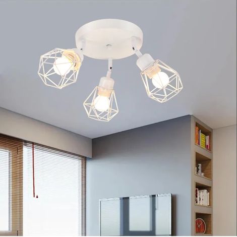 Plafonnier Industriel 3 Spots,Plafonnier Vintage en Métal Abat-jour en Cage E27 Spots de Plafond pour Cuisine Couloir,Blanc (1/5)