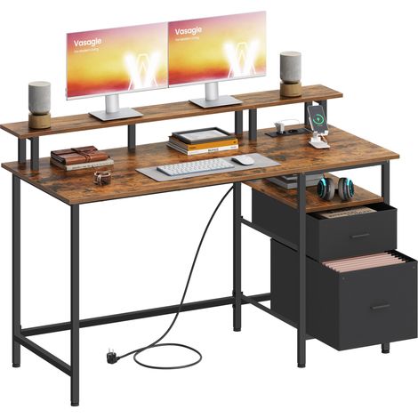 Bureau Gaming, avec Tiroirs en Tissu, Table Informatique avec Support d'Écran, Multiprise, 2 Ports USB, pour Bureau à Domicile, 140 x 60 cm, Marron Rustique (1/5)