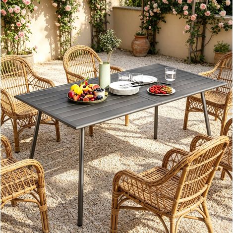 Table de jardin 150x80x74 cm en acier gris, 6 places, pour terrasse et repas conviviaux – MEUBLIV (1/5)