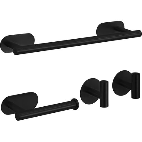 Juego de accesorios de baño de 4 piezas, portarrollos de papel higiénico de acero inoxidable, gancho para batas negro (1/5)