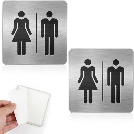 Lot de 2 Pictogramme Toilettes, Signalisation Porte, Autocollantes, Adhésif Aspect Aluminium Brossé, Plaque Toilettes WC Hommes Femmes Plaque Signalétique Aluminium Brossé, 9.5×9.5cm (1/5)