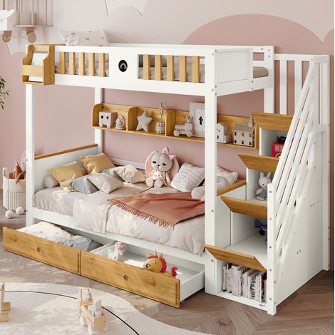 Letto a castello 90x200 cm bianco e naturale in pino e MDF con scala contenitore e cassetti (1/5)