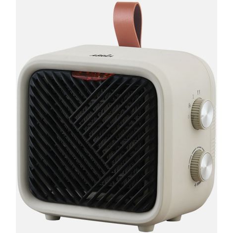 Fabrilamp Termoventilador Cerámico PTC DRISANA 1500W Beis – 3 Funciones, 2 Potencias, Termostato, Triple Seguridad, Asa de Cuero, Estilo Radio Vintage – 15x16,5x11,5 cm