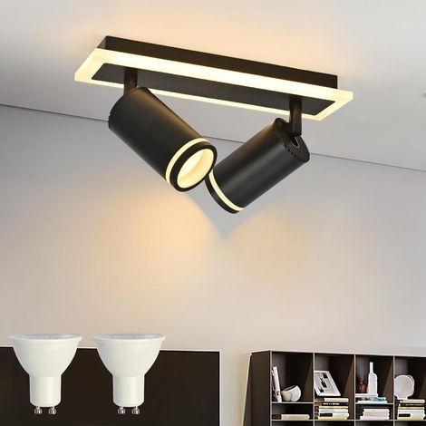 Plafonnier LED 2 Spots,Moderne Éclairage luminaire avec lueur inférieure 7W+2x5W GU10 Ampoules,Blanc Chaud 3000K Plafonnier Intérieur pour Cuisine Salon, Noir (1/5)