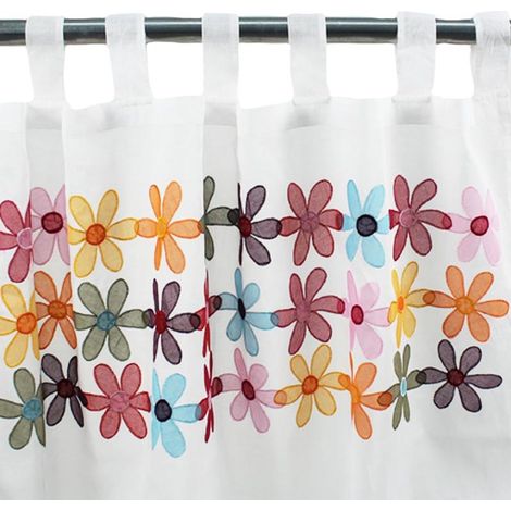 Voilage à pattes en organdi blanc 110x250 – Fleurs multicolores brodées – Pour décoration intérieure – Style raffiné et délicat – Thedecofactory (1/3)