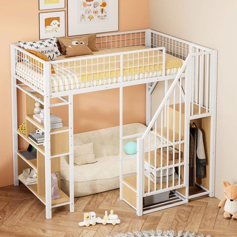 Lit Mezzanine métal 90x200 avec Rangements et rambarde de sécurité et escalier, Lit Superposé Enfant 2 Places, Lit en Hauteur multifonction, Blanc (1/5)