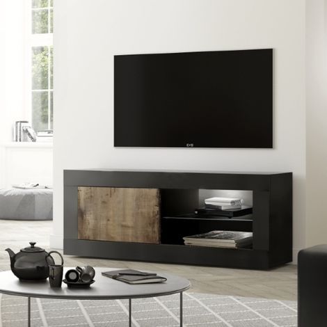 Meuble TV 1 porte - 2 niches noir et bois 140cm CALIA (1/5)