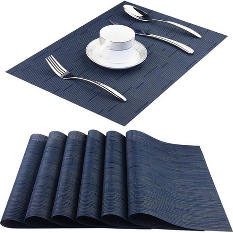 Lot de 6 sets de table, sets de table en vinyle tissé, sets de table lavables pour l'intérieur, sets de table antidérapants (bleu foncé, 6 sets) (1/5)