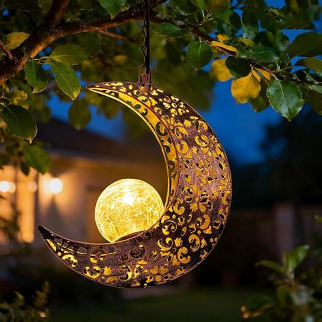 Lámpara colgante solar decorativa para exteriores, luminaria decorativa de metal impermeable con diseño de estatua de luna para jardín. (1/4)
