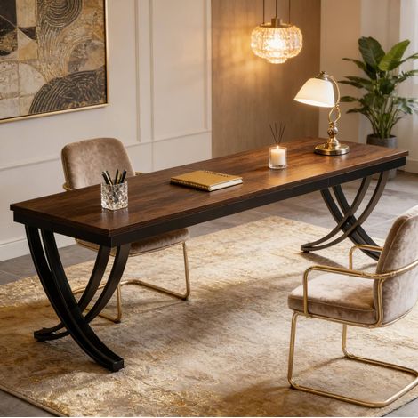 REDOM escritorio doble para ordenador, para dos personas, diseño con patas en X, metal y madera, negro y marrón rústico (1/5)