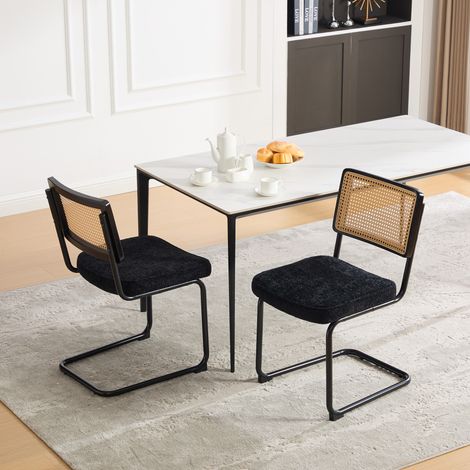 Chaise de salle à manger moderne en rotin avec structure en métal noir - Chaise d'appoint de style vintage avec dossier en rotin synthétique et coussin d'assise en chenille pour la cuisine, le salon o (1/4)