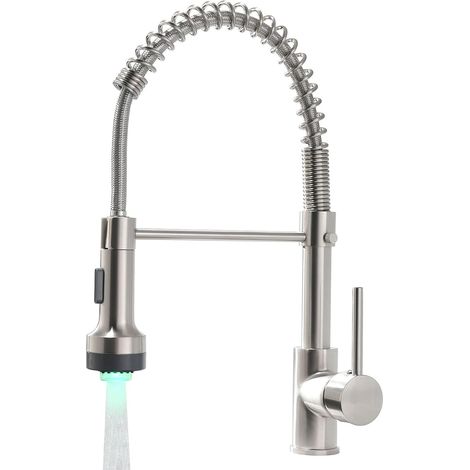1 Mitigeur Évier, Ressort Extensible, Rotation 360°, LED Température, Nickel Brossé, Cuisine (1/5)