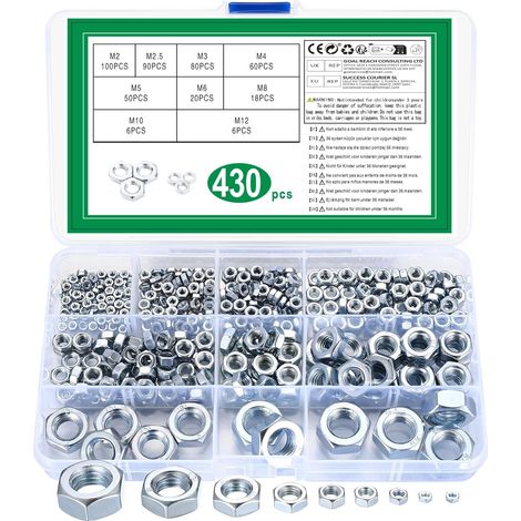 APEX 430 pièces d'écrous hexagonaux - M2, M3, M4, M5, M6, M8, M10, M12 - Assortiment en boîte - Écrous inox pour vis et boulons (1/5)