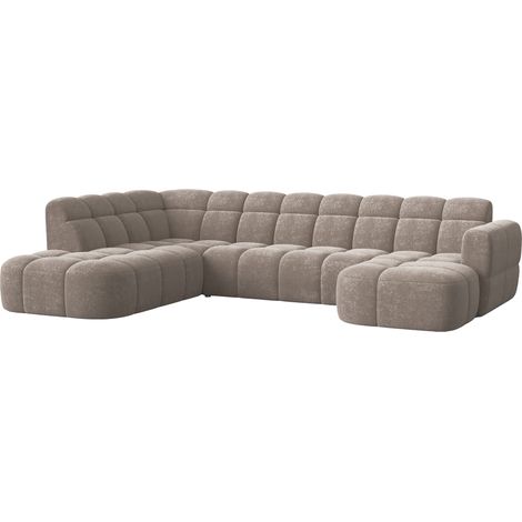 Mobilier Deco – Canapé d'angle panoramique en tissu taupe – 5 places – Méridienne confortable – Style moderne et élégant (1/4)