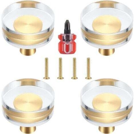 SABIR Lot de 4 Boutons de Porte en Cristal Transparent et Laiton pour Armoires, Tiroirs, Placards et Meubles - 30x27 mm (30x27 mm) (1/4)