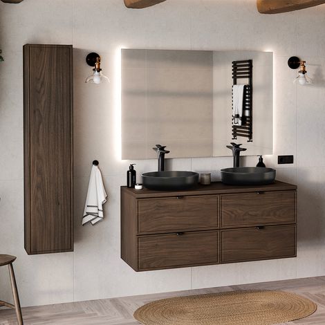 Ensemble meuble double vasque 120cm et colonne Elias Bois foncé (1/5)