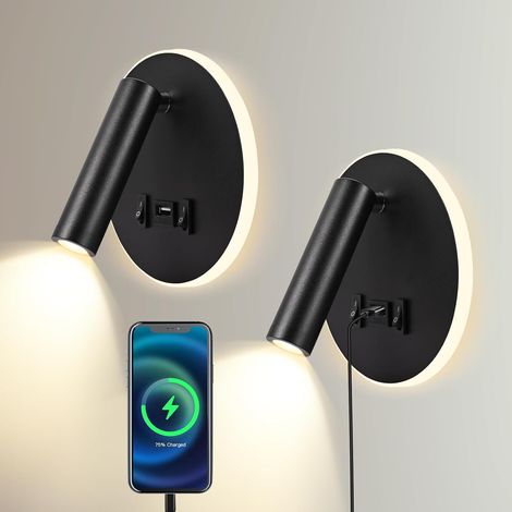 (rond noir) Lampe de Lecture Intérieure LED 3W + 9W 3000K, Applique Murale avec Port de Charge USB et Interrupteur, Liseuse de Lit Spot Réglable lumière ambiante pour Chambre Escaliers Salons Hôtel (1/5)