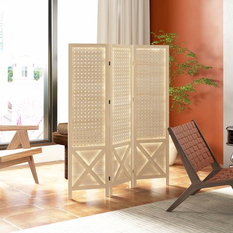 Paravent intérieur bois 3 panneaux perforés 114x1.7x144.5 cm bois naturel. Paravent perforé design pour une séparation légère et originale, moderne et fonctionnel. (1/5)