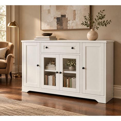Buffet blanc 138 x 40 x 83 cm avec 4 portes, 2 portes vitrées, 1 tiroir et 6 compartiments DESVIAE (1/5)