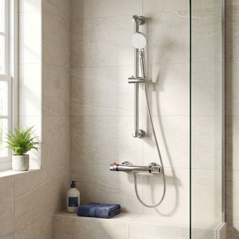 Colonne de Douche Thermostatique, 38°C Anti-brûlure, Pommeau à 5 Jets, Acier Inoxydable SUS 304, Finition Chromée, Argent (1/5)