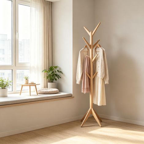 Porte-manteau mural design bois massif, patère moderne pour salon entrée, crochets muraux élégants, support vêtements naturel, accessoire décoration intérieure (1/5)