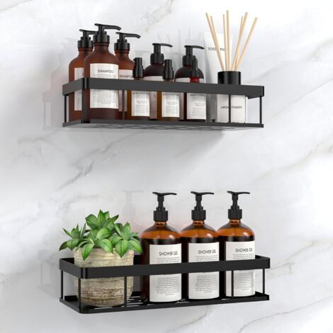 2 PCS - Etagère Douche - Rangement Salle de Bain - Acier Antirouille Sans Percage - Support Shampoing Adhésif Fort - Pour Carrelage Et Verre - Noir - 25x10x10cm