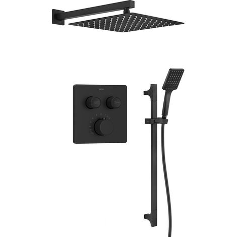 Ensemble de douche à encastrer SMART SELECT avec mitigeur thermostatique, 2 sorties, support de douche réglable, noir mat