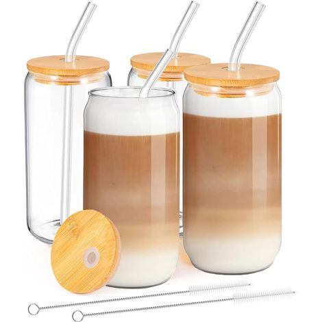 Verre à Smoothie - Lot De 4 - 500ml - Verre Borosilicaté - Avec Couvercle Et Paille - Pour Café Glacé Cocktail (1/5)