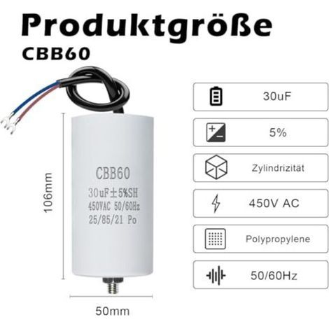 CBB60 450V 30µF 50/60HZ ANGEEK Kondensator, Anlaufkondensator, Motorkondensator, CBB60 Kondensator, Kondensatoren, mit M8-Anschlüssen, 50x106mm, 30UF, für Motoren, Schwimmbadpumpen (1/4)