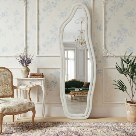 Specchio a figura intera 140x45 cm, design asimmetrico a forma di arco, bordo in velluto, supporto incluso, possibilità di fissaggio a parete - Bianco