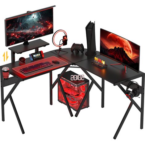 Gaming-Schreibtisch, Eckschreibtisch, 125 x 125 cm L-förmiger Gaming-Schreibtisch mit Carbonfaser-Tischplatte, Monitorständer, Getränkehalter und Kopfhörerhaken, schwarz