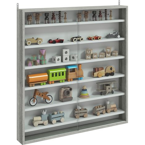 Vitrine murale de rangement 7 etageres reglables portes en verre 80x9,5x83 cm blanc gris
