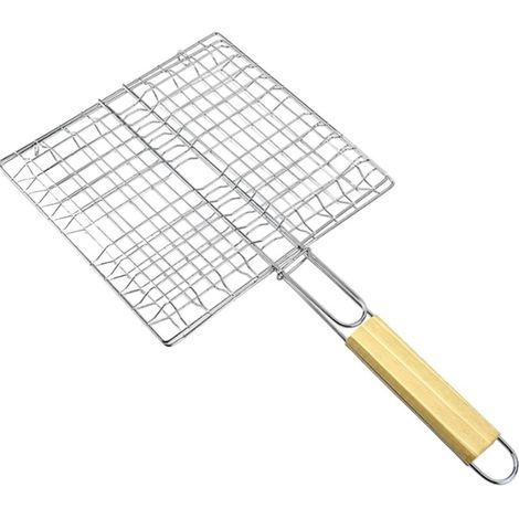 Cesta para barbacoa para pescado y gambas. De acero inoxidable con mango de madera. Utensilio de cocina resistente al calor para pescado, gambas y verduras. Plegable. (1/5)