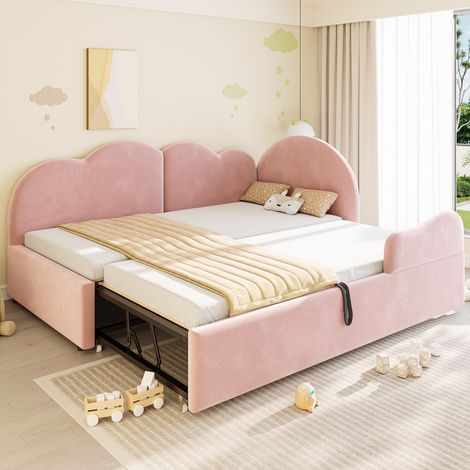 Canapé-lit gigogne en L 90x200 cm avec lit d'appoint 90x190 cm, extensible à 180x200 cm, tête de lit nuage, velours rose, gain de place (1/5)