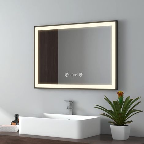 EMKE Espejo de baño con luz, luz neutra, espejo baño con borde negro, interruptor táctil, antivaho, reloj, pantalla de temperatura, regulable, función de memoria, 70 x 50 cm (1/5)