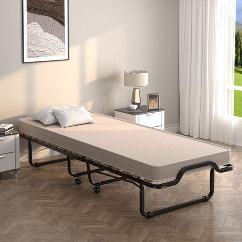 Lit Pliant sur Roulettes 90 x 200 x 41 CM Lit d'Appoint avec Matelas en Mousse 10 CM pour Maison et Bureau Beige (1/3)