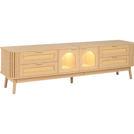 Meuble TV 180 cm en panneaux finition chêne naturel, 2 portes centrales en verre de sécurité galbé, éclairage LED par application, 4 tiroirs et pieds bois massif (1/5)