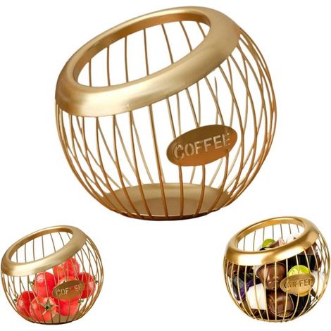 Panier de rangement en métal doré - corbeille pour fruits, pain, capsules de café et bonbons, 20 x 18,5 cm (1/5)