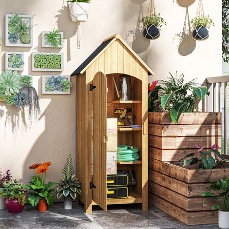 Casetta da giardino in legno Outsunny, casetta da giardino per esterni, armadio da giardino con tetto in bitume, 3 ripiani, porta con chiusura, ripostiglio per esterni per patio, 77,5 x 54,2 x 179,5 c
