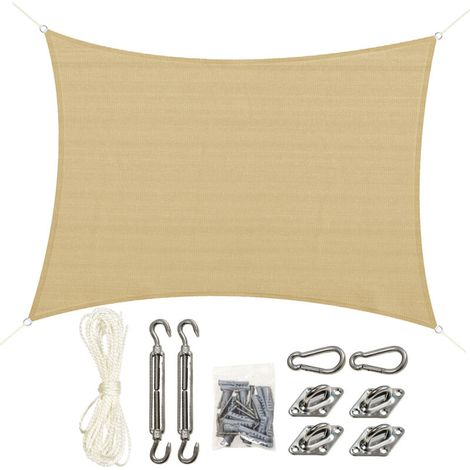 Großes rechteckiges Sonnensegel 4 x 3 m, Polyethylen hoher Dichte (HDPE), UV-beständig, beige (1/5)