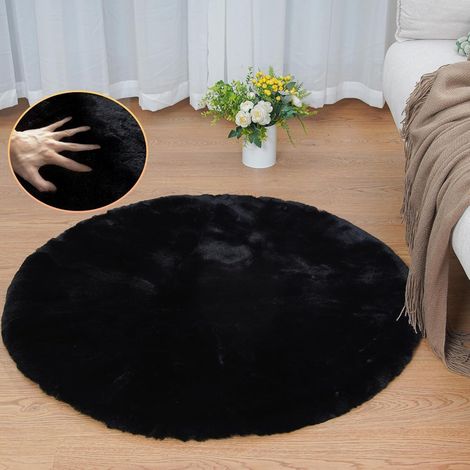 Teppich Fellteppich Kunstfell Bettvorleger waschbar 90 cm Rund Schwarz (1/5)