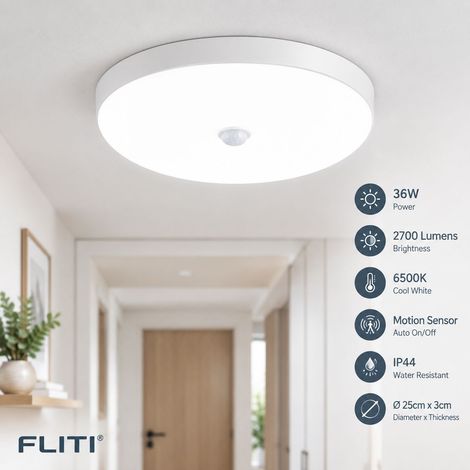 FLITI-Plafonnier LED détecteur de mouvement 36W IP44 2700LM 6500K automatique couloir garage salle de bain (1/5)